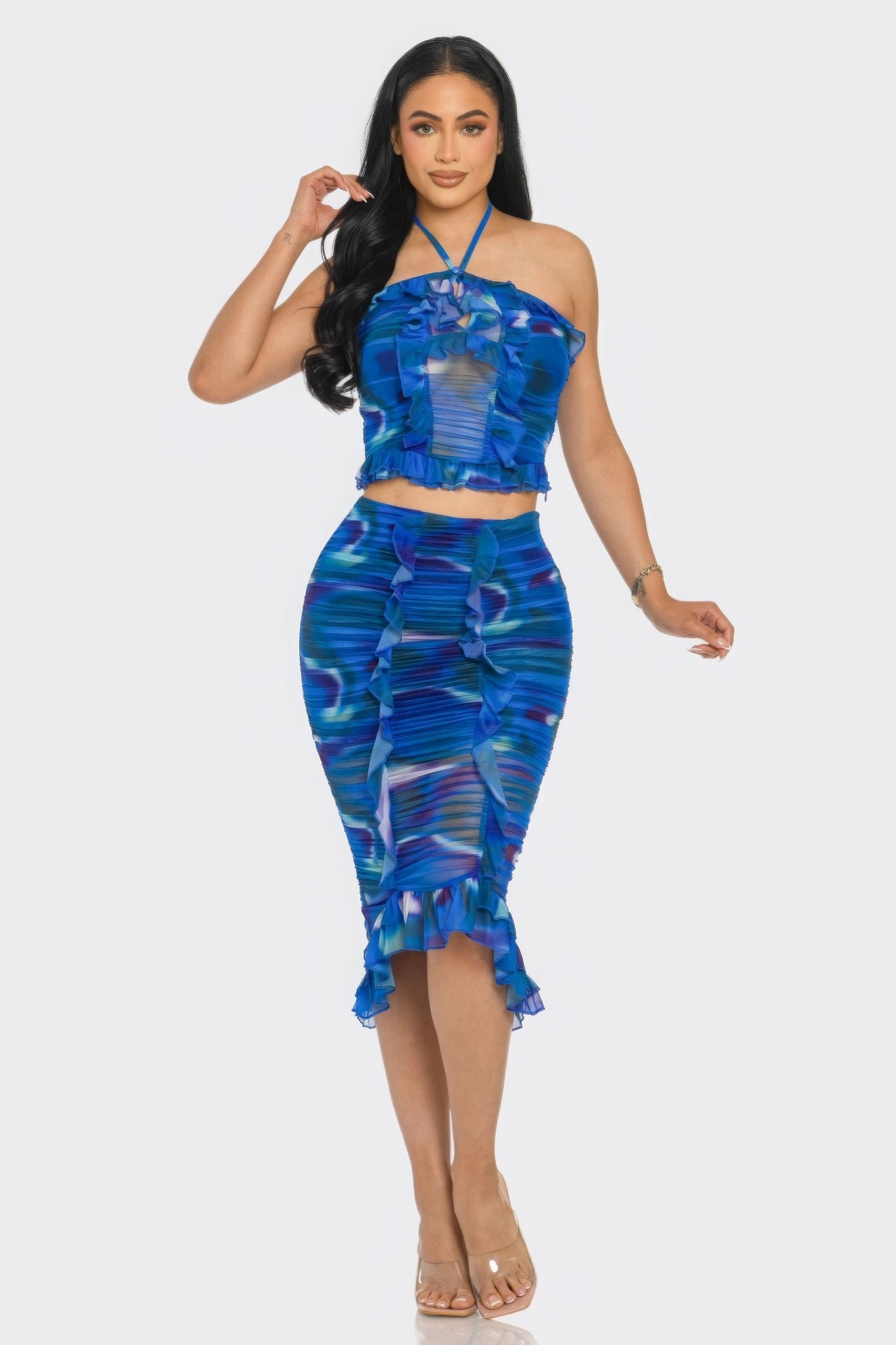 Tropical Waters Print Mesh Ruffle Halter Skirt Set - Taylor Rouge