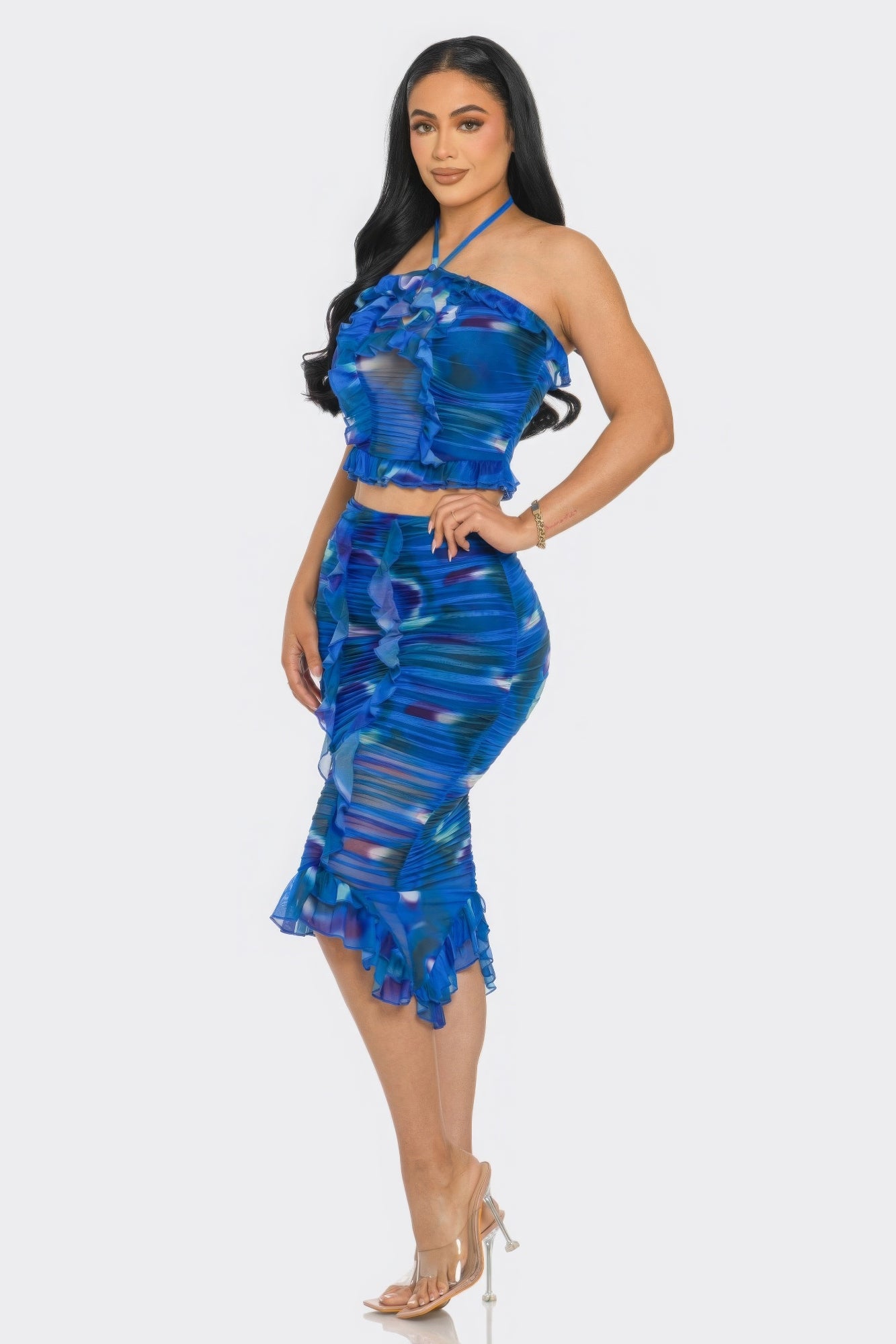 Tropical Waters Print Mesh Ruffle Halter Skirt Set - Taylor Rouge