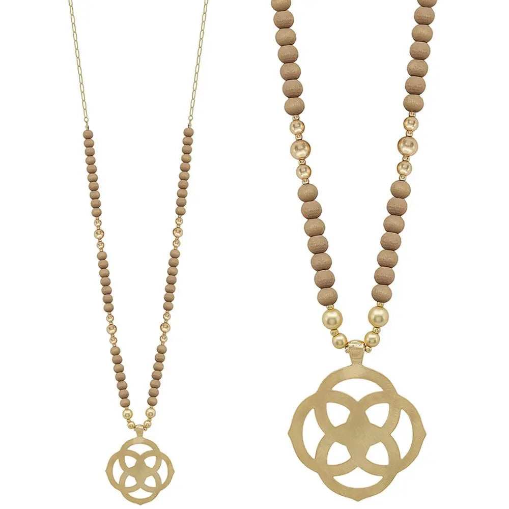 Flower Geometric Pendant Wood Bead Necklace Taylor Rouge