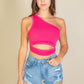 Ribbed Knit Cut Out One Shoulder Crop Top